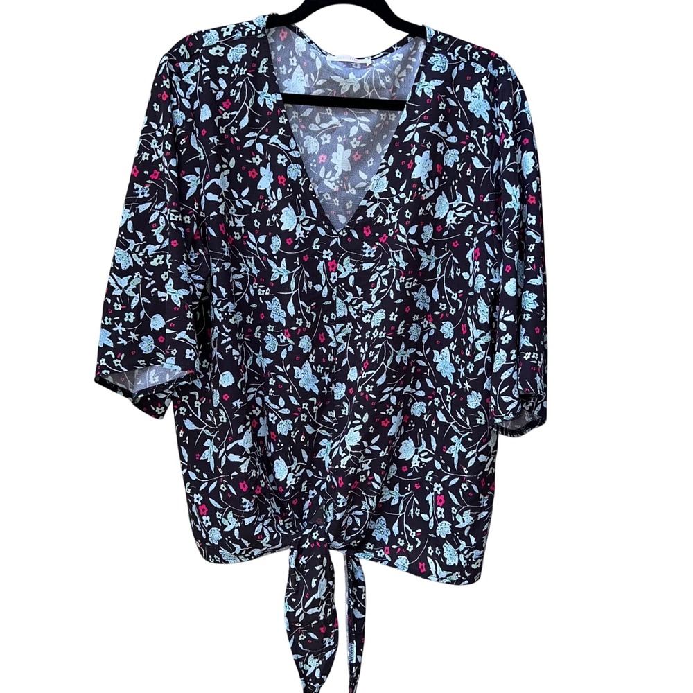 Bluetime Floral Tie Front‎ V-Neck Top Black Blue Pink XL Short Sleeve Blouse